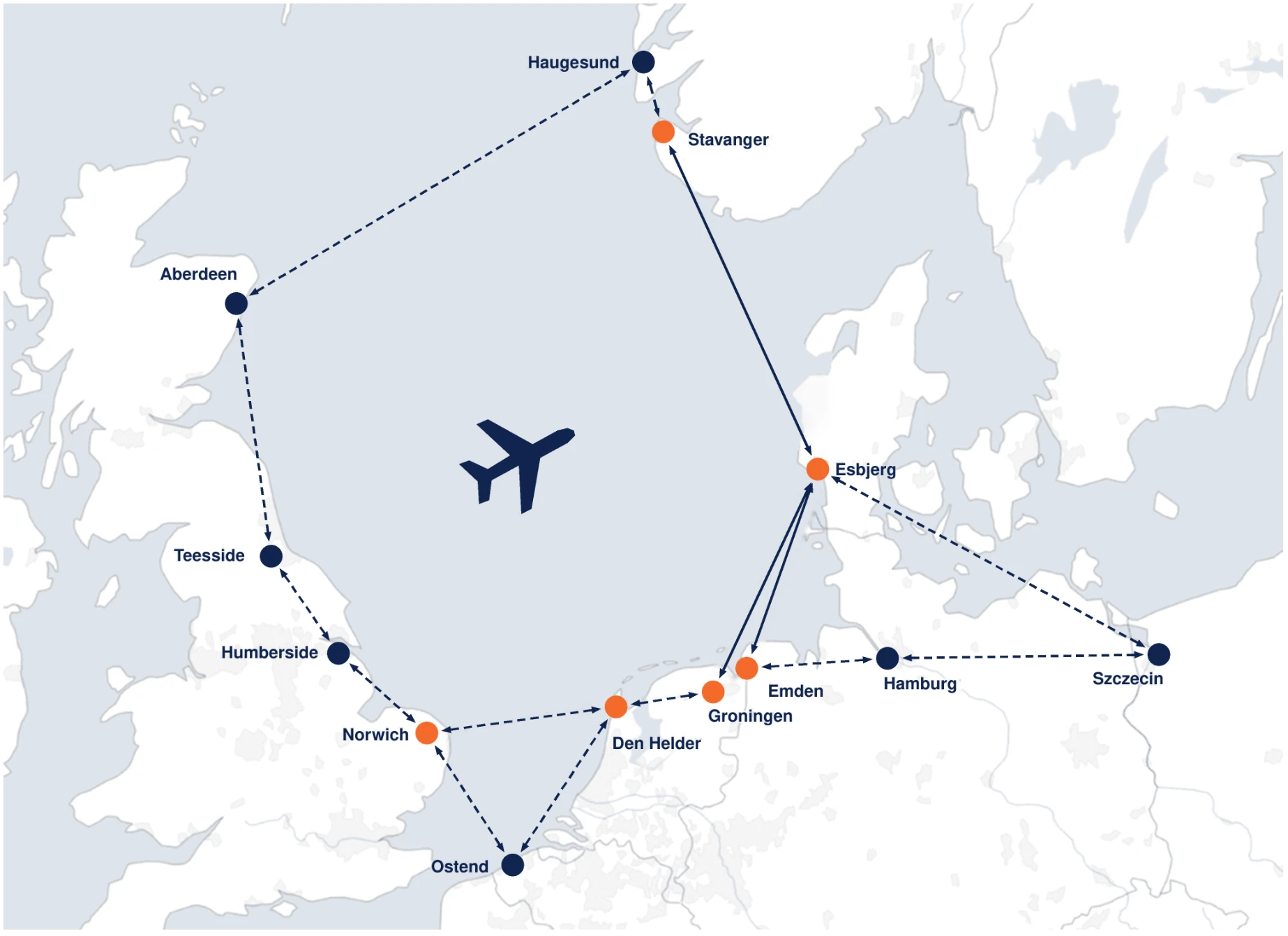 Map of LYGG's North Sea network linking Haugesund, Stavanger, Esbjerg, Aberdeen, Teesside, Humberside, Norwich, Ostend, Den Helder, Groningen, Emden, Hamburg and Szczecin