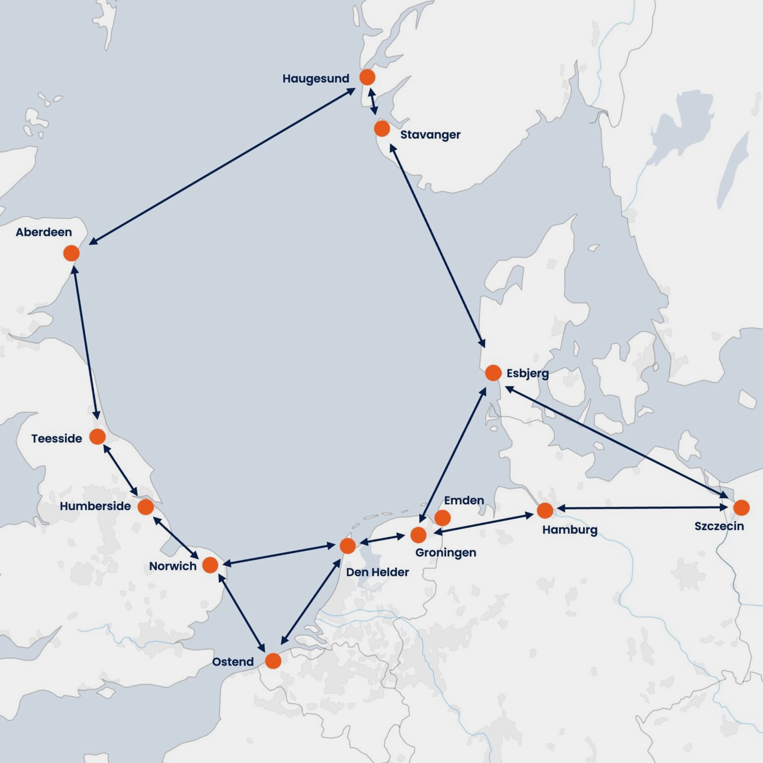 Map of LYGG's on-demand North Sea routes linking Haugesund, Stavanger, Esbjerg, Aberdeen, Teesside, Humberside, Norwich, Ostend, Den Helder, Groningen, Emden, Hamburg and Szczecin
